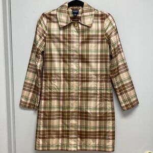 GAP Plaid Trench Raincoat XS Brown Pink Green Lightweight Y2K Preppy Jacket